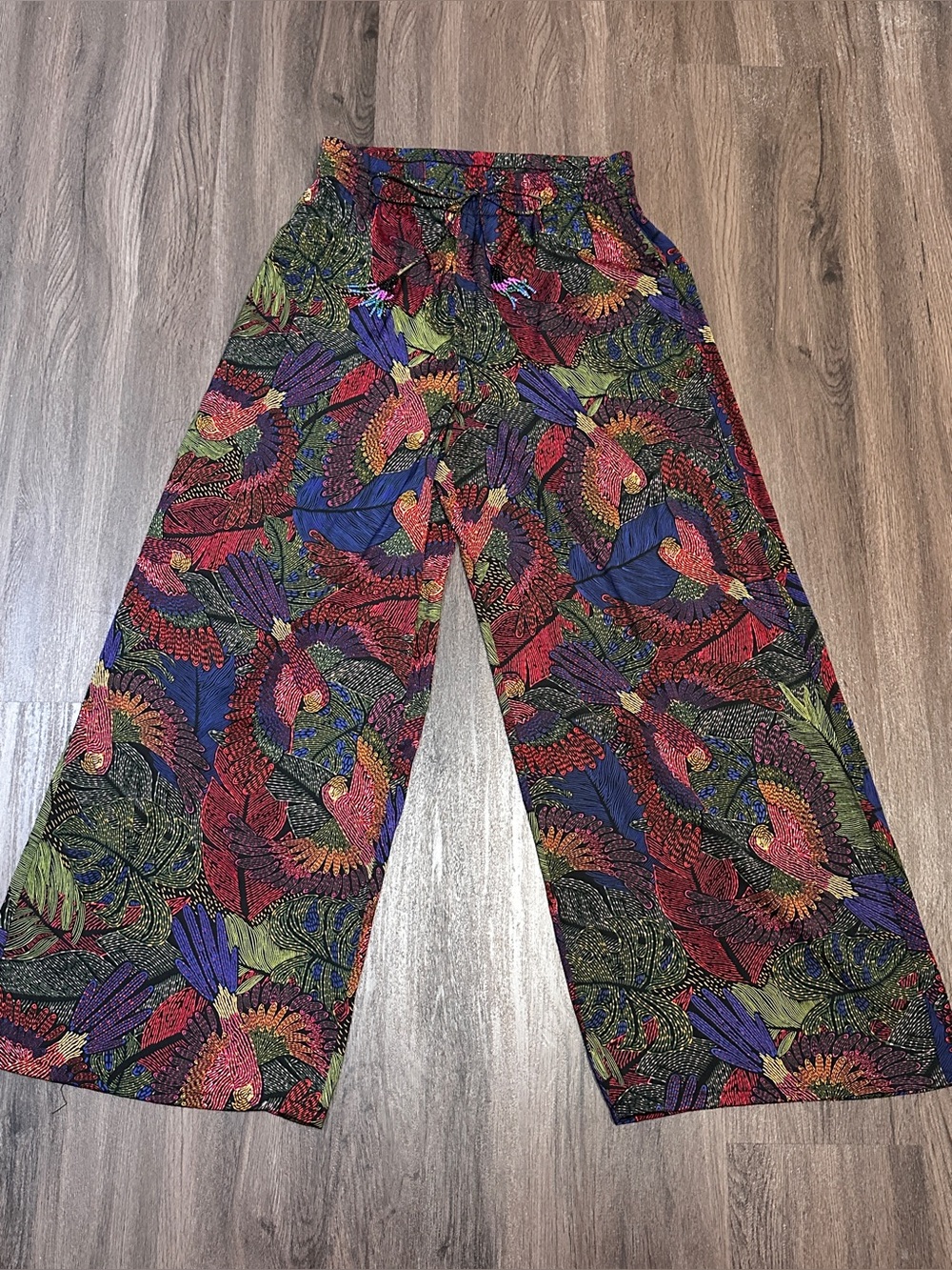 Rachel Zoe Tropical Bird Print Palazzo Pants Wide Leg High Rise Boho Flowy - Picture 2 of 11